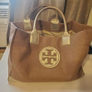 TORY BURCH WOOL LARGE TOTE.ELLA BROWN WITH GOLD ACCENTS.